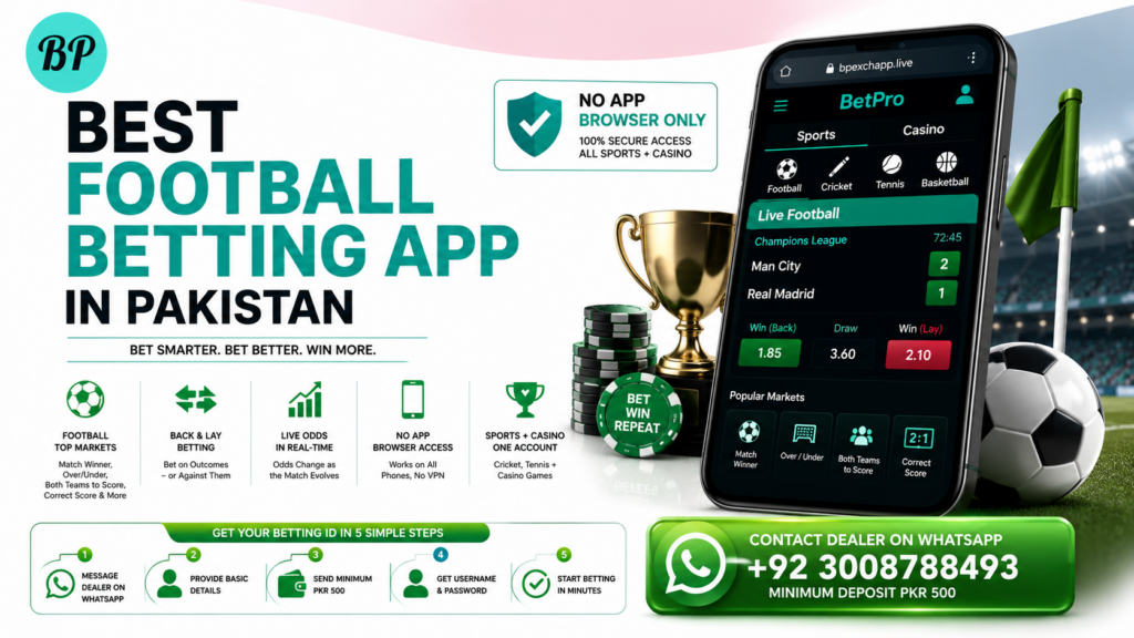 Football Betting App in Pakistan showing BetPro mobile interface for deposits, payment tracking, and account access.