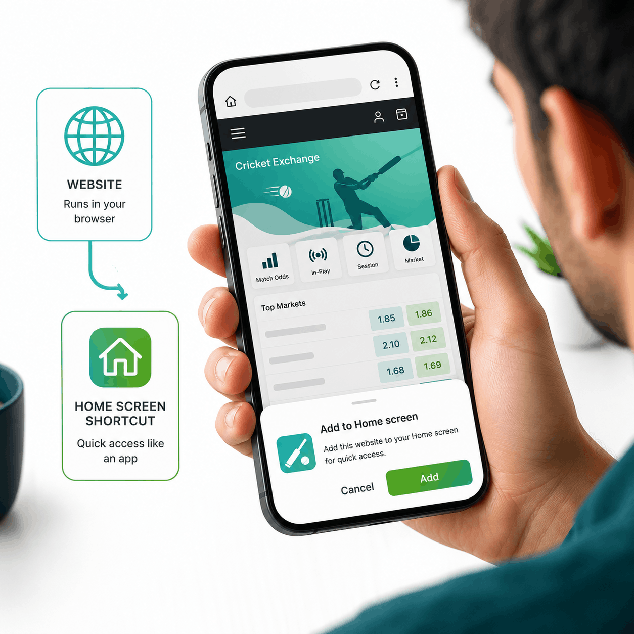 Best BetPro Exchange App ID showing the BetPro browser-based cricket betting platform with a home screen shortcut for quick mobile access.