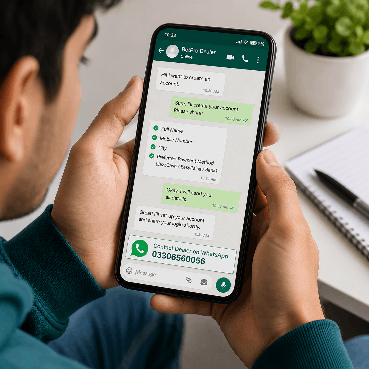 No Signup Page for BpExch Registration shown through a WhatsApp dealer account setup process for cricket betting users in Pakistan without downloading an app.